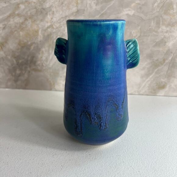 Studio Art Pottery Vase 6.5" Aqua Blue Glaze Drip Salt Glaze - Picture 5 of 16